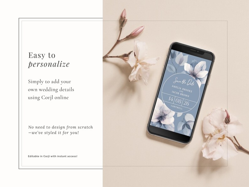 Blue floral wedding save the date evite template shown displayed on a smartphone - easy to personalise with your own wedding details using Corjl and then send via email for a paperless invitation experience