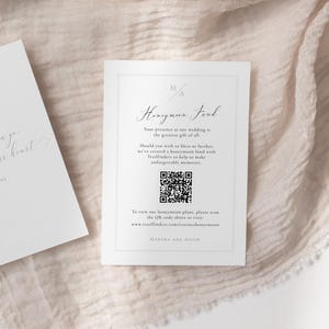 Plantilla minimalista para tarjeta de regalo de luna de miel con código QR opcional, elegante tarjeta de regalo de boda, tamaño A6 + inserto de invitación de 4x6 con reverso / Essence CR104