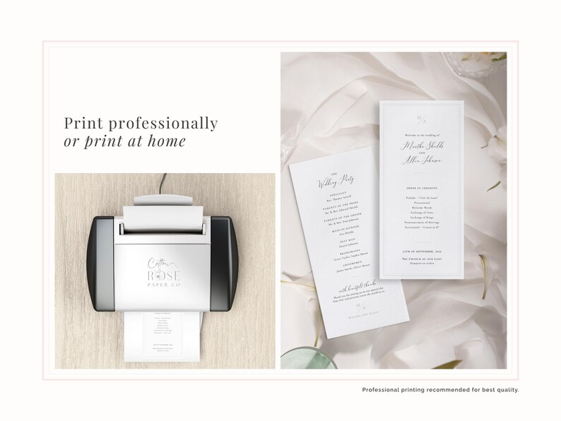 Elegant double sided wedding ceremony programme card template - print out professionally for a luxurious finish or print at home using your home printer.