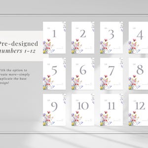 Wildflower wedding table number template with numbers 1-12 included