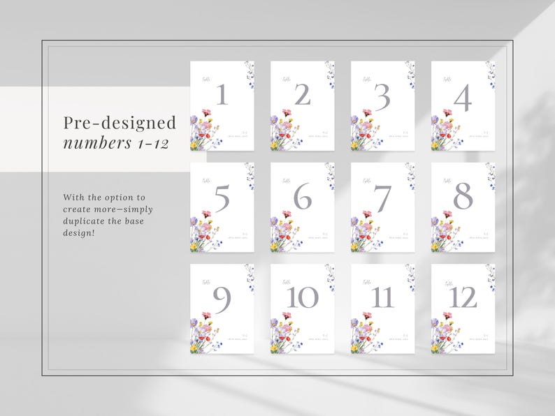 Wildflower wedding table number template with numbers 1-12 included