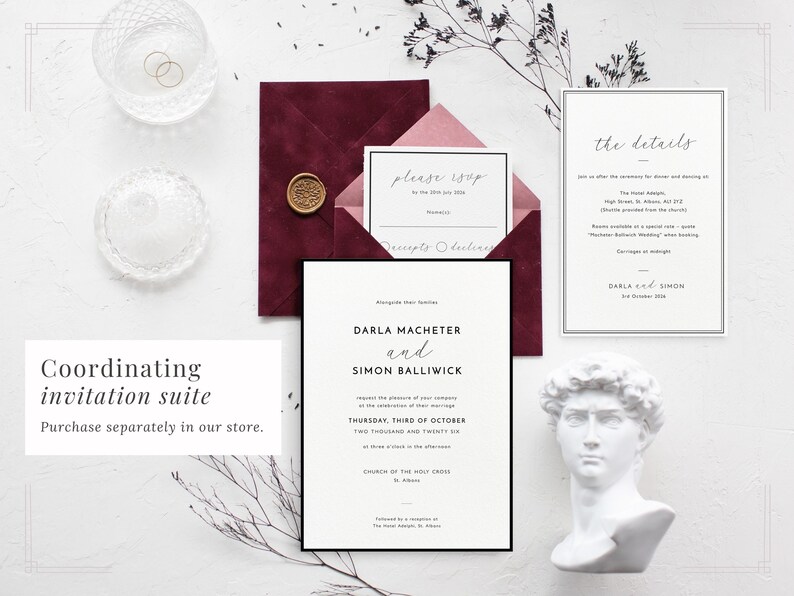 Co-ordinating Black border wedding invitation suite available to purchase in our store. Image shows the invitation, details card and RSVP with a burgundy envelope and classic styling props.