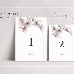 5x7 wedding table number and A6 wedding table number - both with romantic Spring sakura blossom design in soft blush pink
