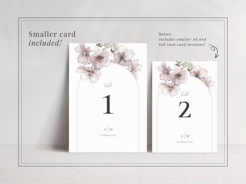 5x7 wedding table number and A6 wedding table number - both with romantic Spring sakura blossom design in soft blush pink