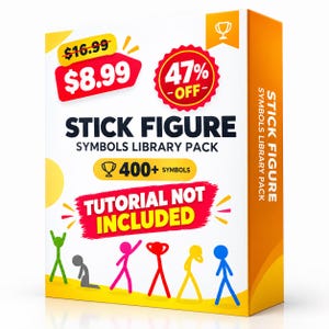 Può includere: Una scatola di prodotto bianca e arancione per un pacchetto di libreria di simboli di figure stilizzate. Il fronte presenta il testo Stick Figure Symbols Library Pack, 400+ symbols e Tutorial Not Included. Sei figure stilizzate sono in basso.