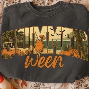 Summerween PNG, Retro Beach Halloween Design, Tropical Pumpkins & Bats, Cute Spooky Lettering, Digital Art, Commercial Use