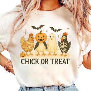 Chick or Treat, Boho Retro Digital Design, Halloween Pumpkins and and Ghosts Chickens, Cute Retro Design, Spooky Halloween, Commercial Use