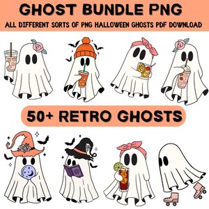Pode incluir: Gráfico de download digital com fantasmas retrô. Cada fantasma é branco com olhos pretos e vários acessórios, incluindo chapéus, bebidas e patins. O texto na parte superior diz "GHOST BUNDLE PNG" e "ALL DIFFERENT SORTS OF PNG HALLOWEEN GHOSTS PDF DOWNLOAD".