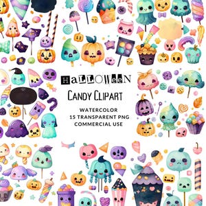 Aquarel kawaii halloween snoep clipart: 15 png-afbeeldingen (commercieel gebruik)