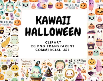 Watercolor Kawaii Halloween Clipart Bundle (20 PNG Images)