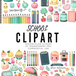 Aquarel schoolbenodigdheden kawaii clipart, schattige schoolbenodigdheden clipart, schattige schoolleraar benodigdheden, schoolbenodigdheden, commercieel gebruik,