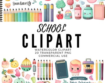 Clipart de útiles escolares kawaii en acuarela: 20 imágenes PNG (uso comercial)