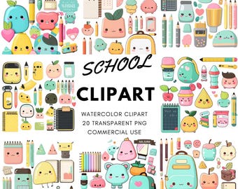Watercolor Kawaii School Clipart Bundle (20 PNG) - Commercial Use