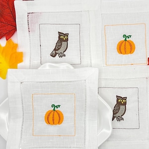 Embroidered Linen Cocktail Napkins Set/4 with Halloween Icons | Housewarming Gift | Fall and Halloween Party