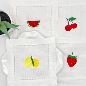 Embroidered Linen Cocktail Napkins Set/4 with Cute Icons | Housewarming Gift | Wedding Gift | Summer Party