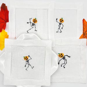 Halloween Cocktail Napkins Set/4, Spooky Gift, Embroidered Linen Cocktail Napkins with Skeleton Icon, Halloween Party Table Decor, Fall Gift