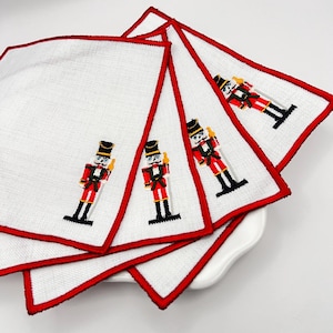 Embroidered Nutcracker Cocktail Napkins Set/4 – Christmas Gift, Holiday Table Decor