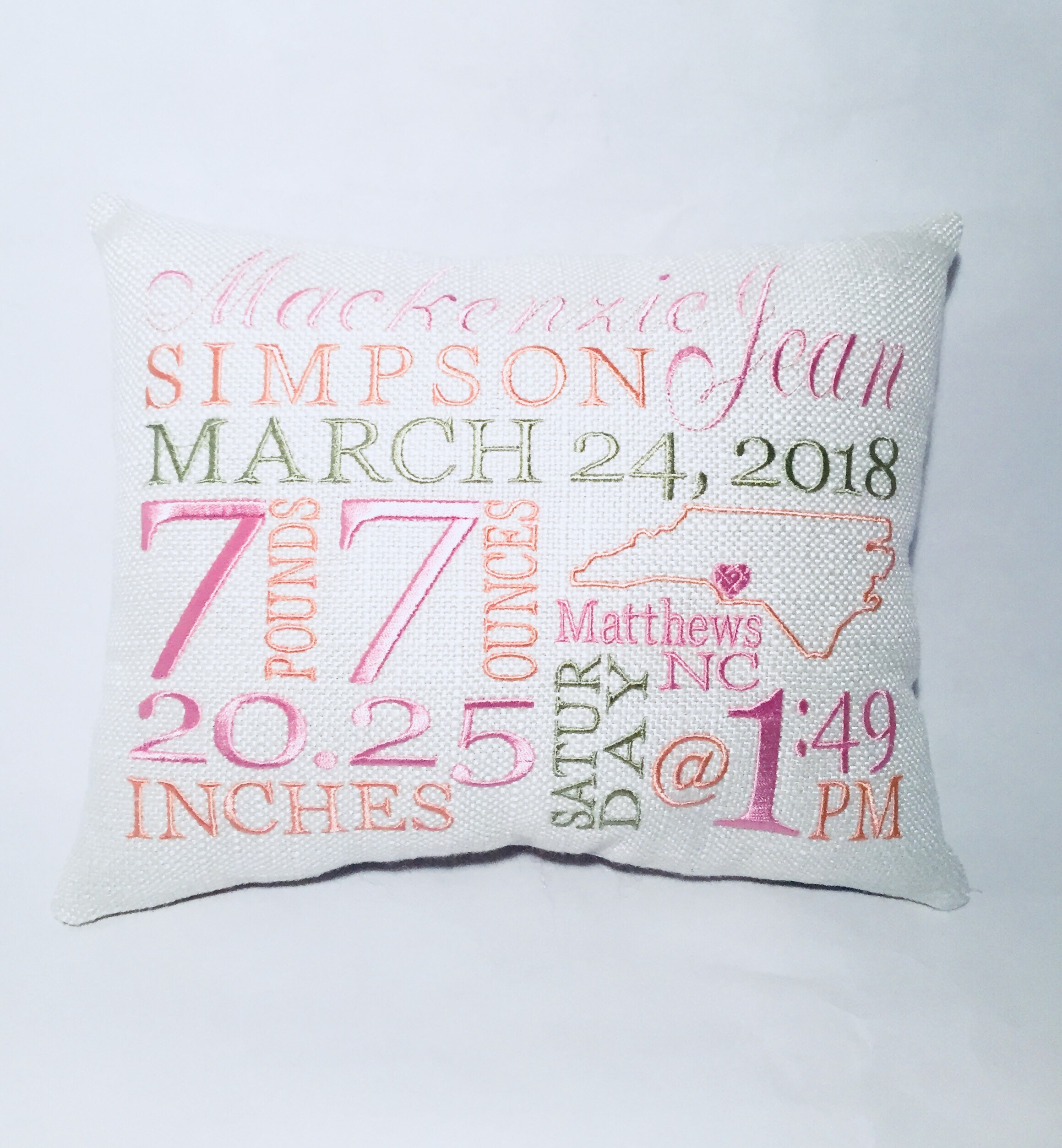 Embroidered birth announcement hot sale pillow