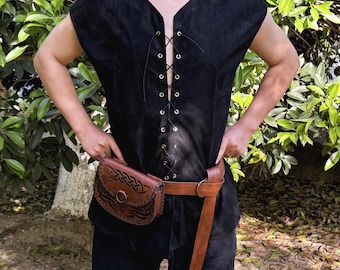 Black Viking Tunic, Knight Tunic Vest for Men, Viking Pirate Pants Costume Set, Gothic LARP Shirt, Medieval Viking Shirt, Cosplay Outfit