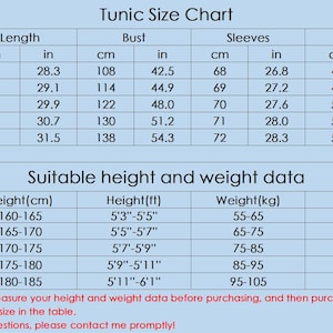 May include: A size chart for a tunic, showing measurements in inches and centimetres for bust, length, sleeves, and shoulder. The chart also includes a table with recommended height and weight ranges in feet and inches, centimetres, kilograms, and pounds.