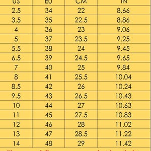 May include: Shoe size chart showing US, EU, CM, and IN measurements. Foot length conversions range from 22 cm to 29 cm. The chart advises measuring foot length before selecting a size.