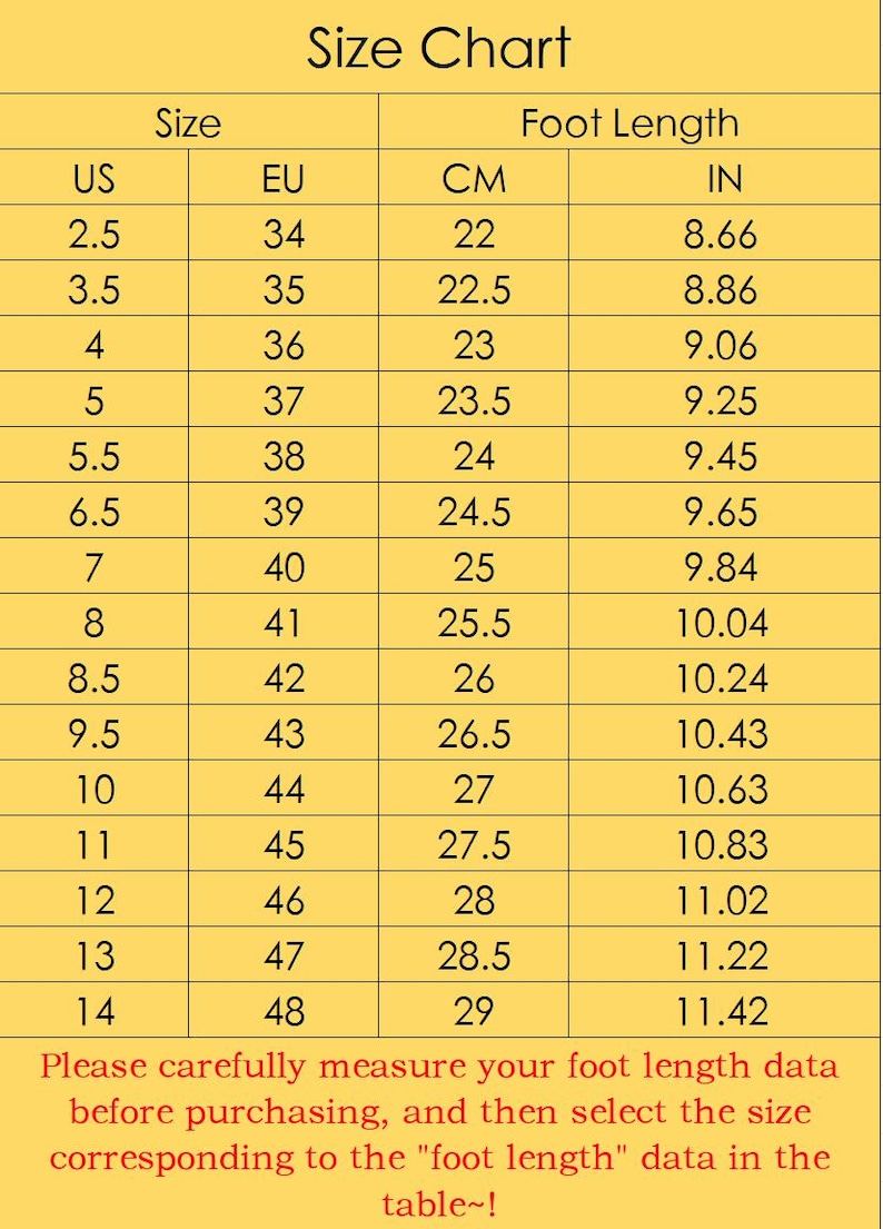 May include: Shoe size chart showing US, EU, CM, and IN measurements. Foot length conversions range from 22 cm to 29 cm. The chart advises measuring foot length before selecting a size.