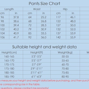 May include: Pants size chart with measurements in inches and centimetres, and a separate chart for suitable height and weight in feet and inches, centimetres, kilograms, and pounds.