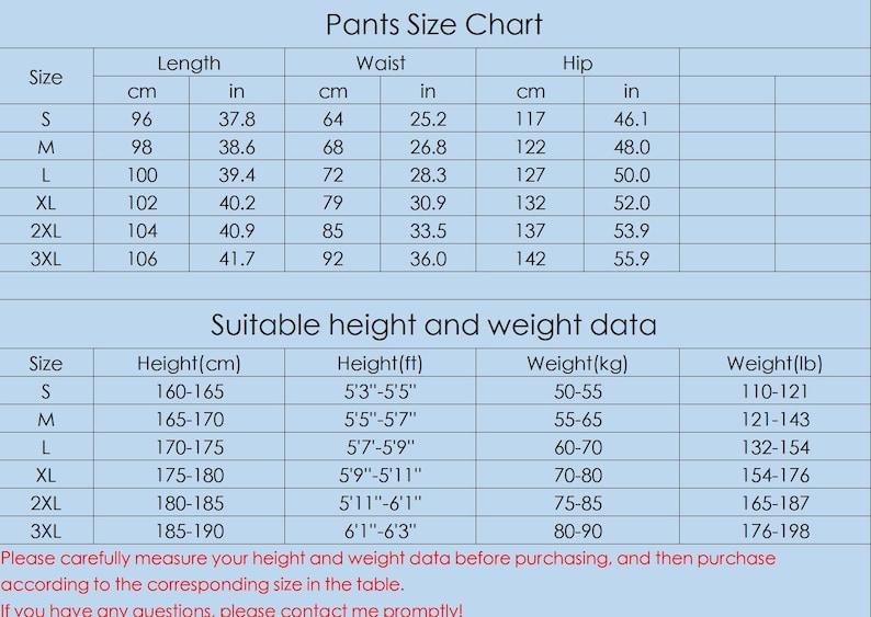 May include: Pants size chart with measurements in inches and centimetres, and a separate chart for suitable height and weight in feet and inches, centimetres, kilograms, and pounds.