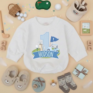 Personalized Golf Hole in One Romper, Baby Boy Golf Bodysuit, 1st Birthday Baby Clothes, Golf Cake Smash Outfit, Boys First Birthday Gift
