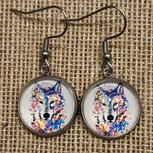 Colorful Wolf Earrings- Stud, Dangle, Clip On, Handmade, SKU119