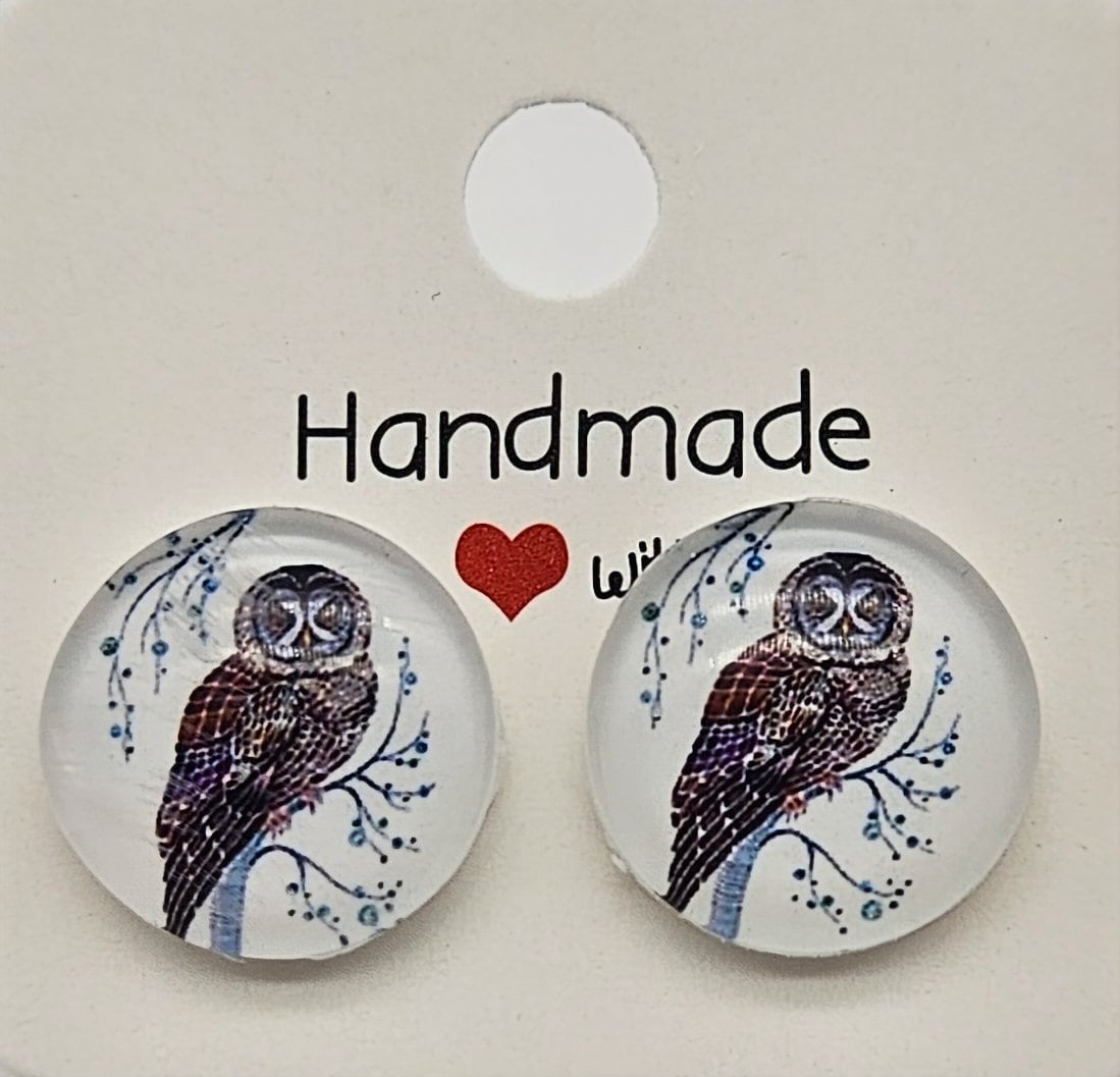 Barn Owl Stud Earrings- Handmade, Round, Hypoallergenic, SKU60