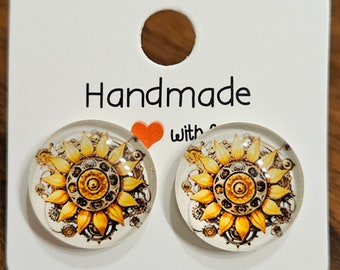 Handmade Steampunk Yellow Flower Stud Earrings Free Shipping