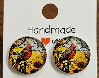 Handmade Cardinal and Sunflower Stud Earrings Free Shipping