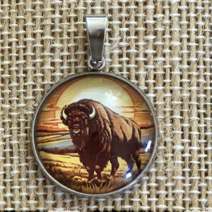 Buffalo Necklace- Handmade, Bison, Round Pendant, Rustic, Black Rope Chain
