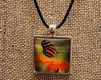 Butterfly on Flower Pendant Necklace – Handmade Nature Photo Jewelry