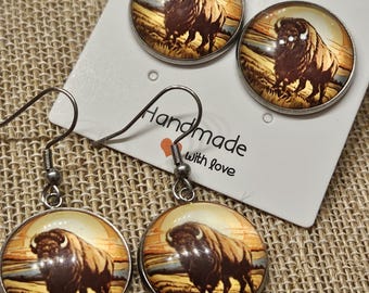 Buffalo Earrings - Handmade, Bison, Stud, Dangle, Western Style, Hypoallergenic