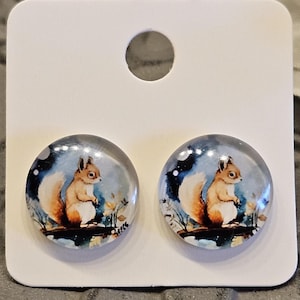 May include: A pair of round stud earrings featuring a detailed illustration of a squirrel. The squirrel is depicted with a fluffy tail and is set against a backdrop of a night sky with a blue and white color scheme.