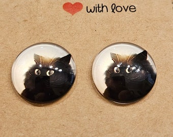 Cat Earrings - Handmade, Black Cat, Stud