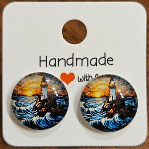 Handmade Lighthouse and Ocean Stud Earrings Free Shipping image 1