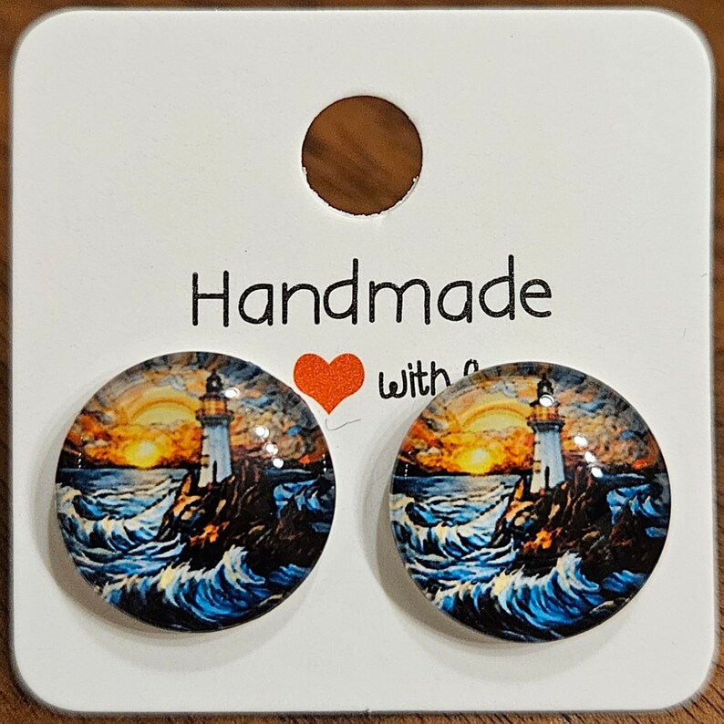 Handmade Lighthouse and Ocean Stud Earrings Free Shipping image 1