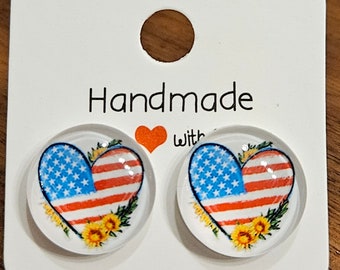 Handmade American Flag Heart Earrings Free Shipping