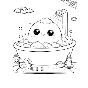 May include: Black and white illustration of a cute, round character taking a bath in a tub filled with bubbles. A bat, spider, and rubber duckies are also present, along with a skull bottle and a candle.
