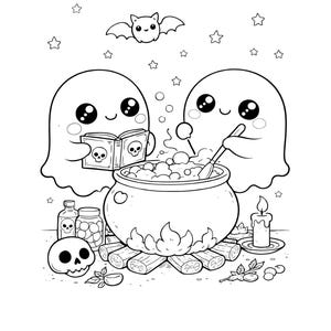 May include: Black and white illustration of two cute ghosts preparing a potion in a cauldron over a fire. One ghost reads a book with skull images, while the other stirs the potion. A bat, stars, and other Halloween elements complete the scene.