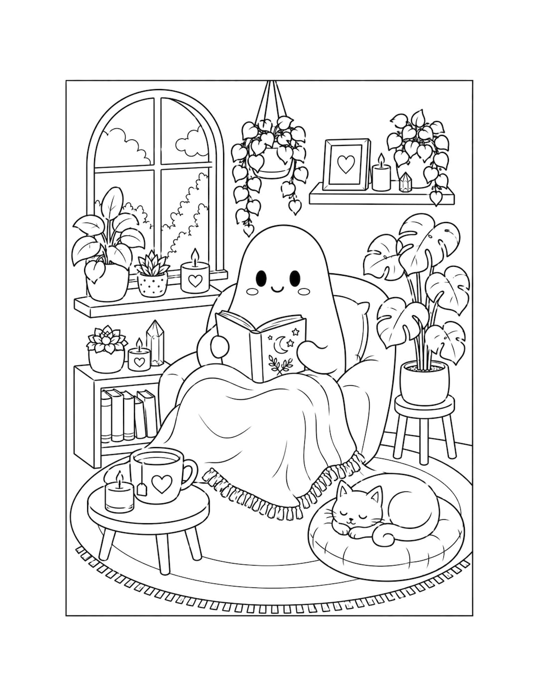 Cozy Ghost Reading Coloring Page | Kawaii Cute Spooky Printable | Cozy ...