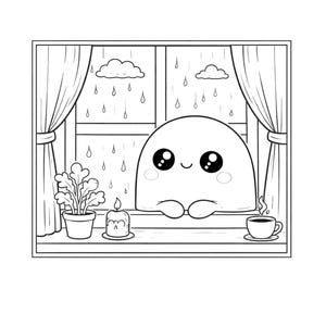 May include: Black and white illustration of a cute, round character looking out a window at the rain. The window has curtains, a potted plant, a lit candle, and a cup of coffee. The character has large eyes and a smiling expression.