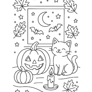 Peut inclure: Illustration en noir et blanc sur le thème d'Halloween. Elle représente un chat souriant, une citrouille sculptée, une petite citrouille, une bougie, des chauves-souris, une lune, des étoiles et des feuilles d'automne. Idéal pour le coloriage.