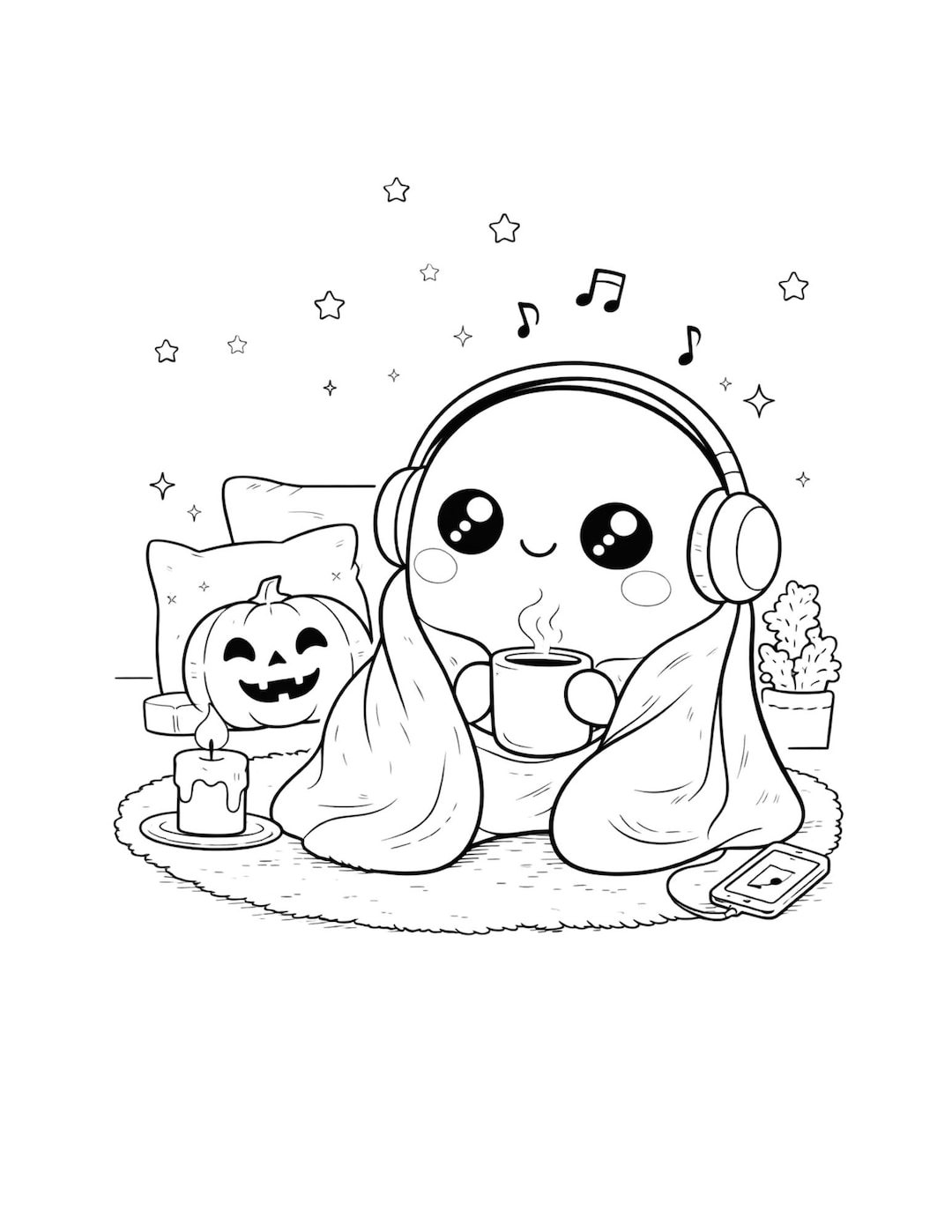 Cozy Ghost Coloring Page, Kawaii Halloween Coloring Sheet, Cute Spooky ...