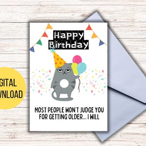 Printable Funny Cat Birthday Card, Digital Greeting Card, Print at Home
