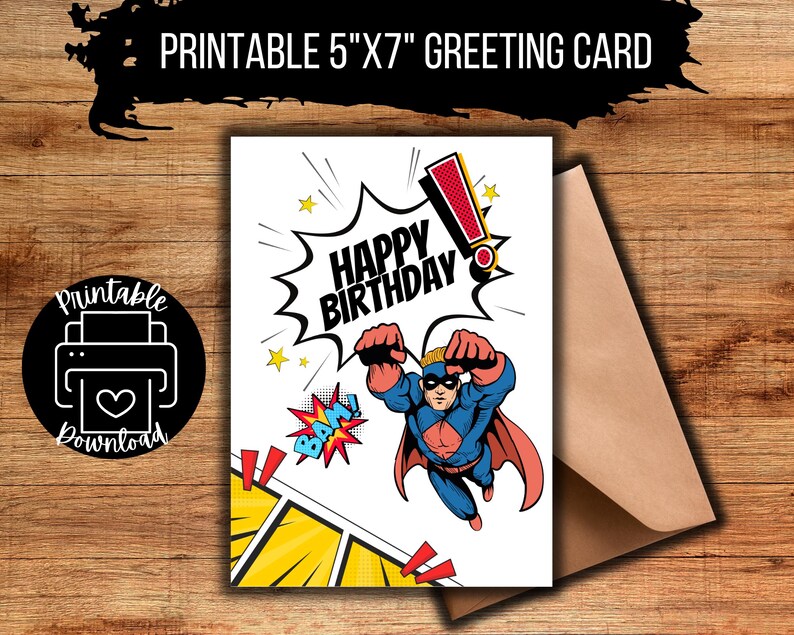 Superhero Birthday Card for Kids, Printable Greeting Card, Digital Birthday Card, Print at Home ...