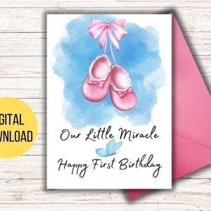 Tarjeta de primer cumpleaños de Little Miracle, tarjeta de cumpleaños digital, impresión en casa